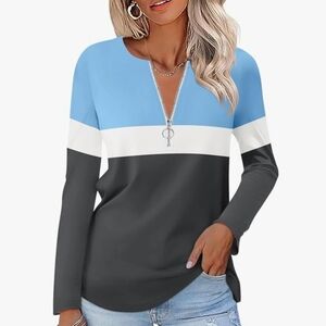 Chic Blue and Black  Zipper Long Sleeve Tunic